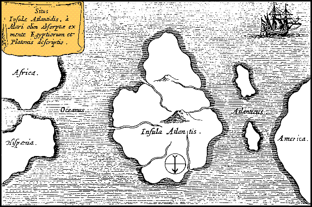 ↑大西洋に書かれたアトランティス大陸の古地図